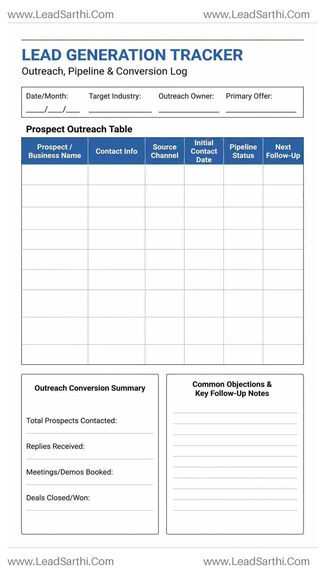 Lead Generation Tracker Printable PDF: Cold Outreach & Sales Pipeline Log Thumbnail