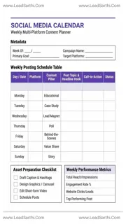 Social Media Content Calendar Printable PDF: Weekly Multi-Platform Planning Sheet Design Template