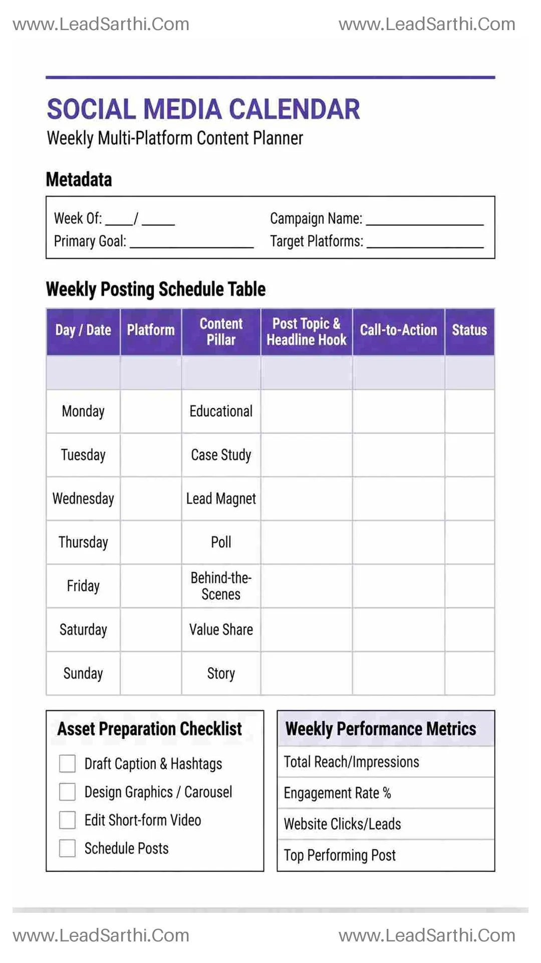 Social Media Content Calendar Printable PDF: Weekly Multi-Platform Planning Sheet Thumbnail