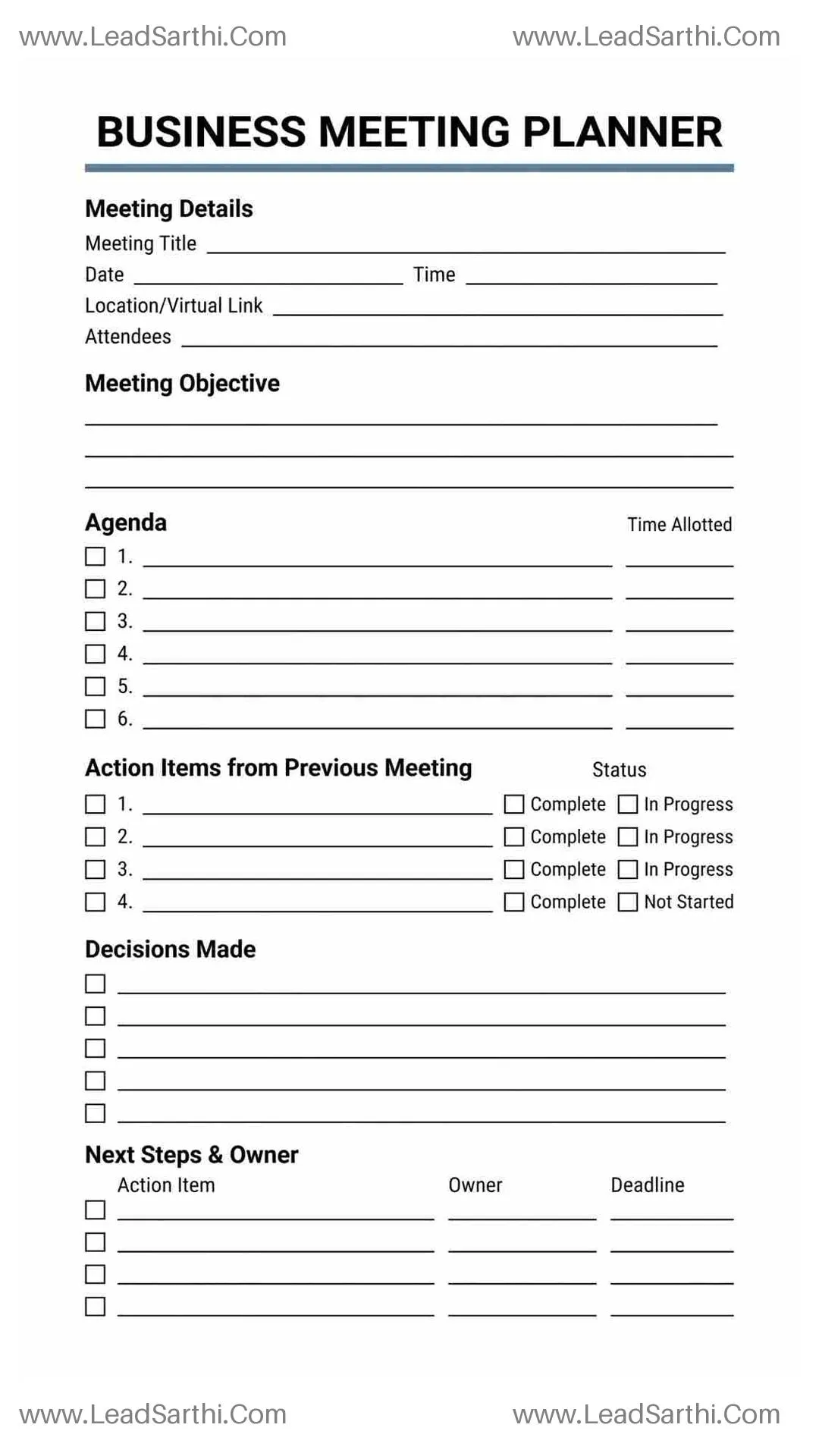 Business Meeting Planner Printable | Agenda & Action Items PDF Thumbnail