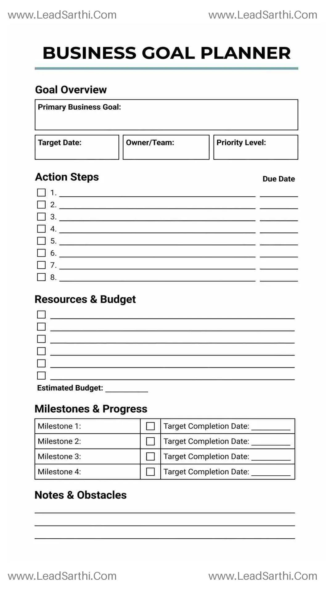Business Goal Planner Printable | Action Plan & Milestone Tracker PDF Thumbnail