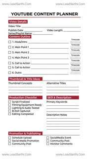YouTube Content Planner Printable | Video Strategy & Production PDF Design Template