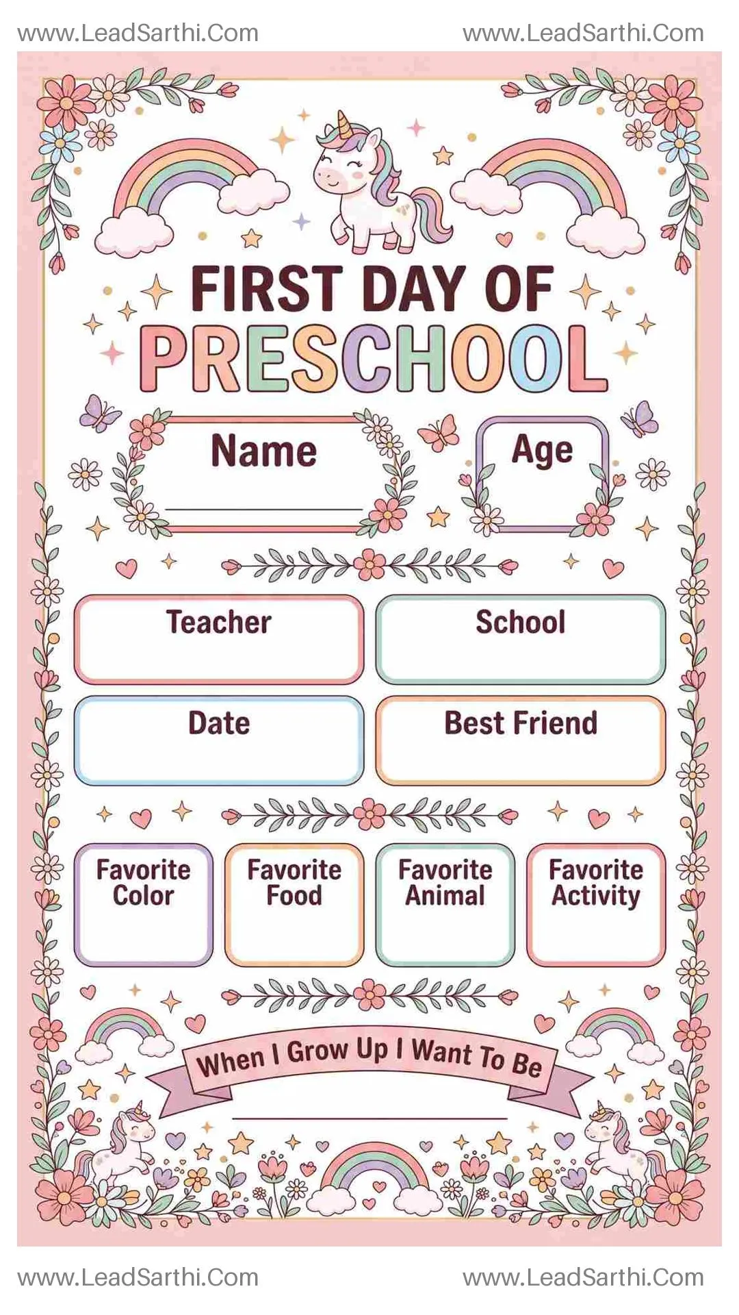 Printable First Day of Preschool Sign – Unicorn Theme Thumbnail