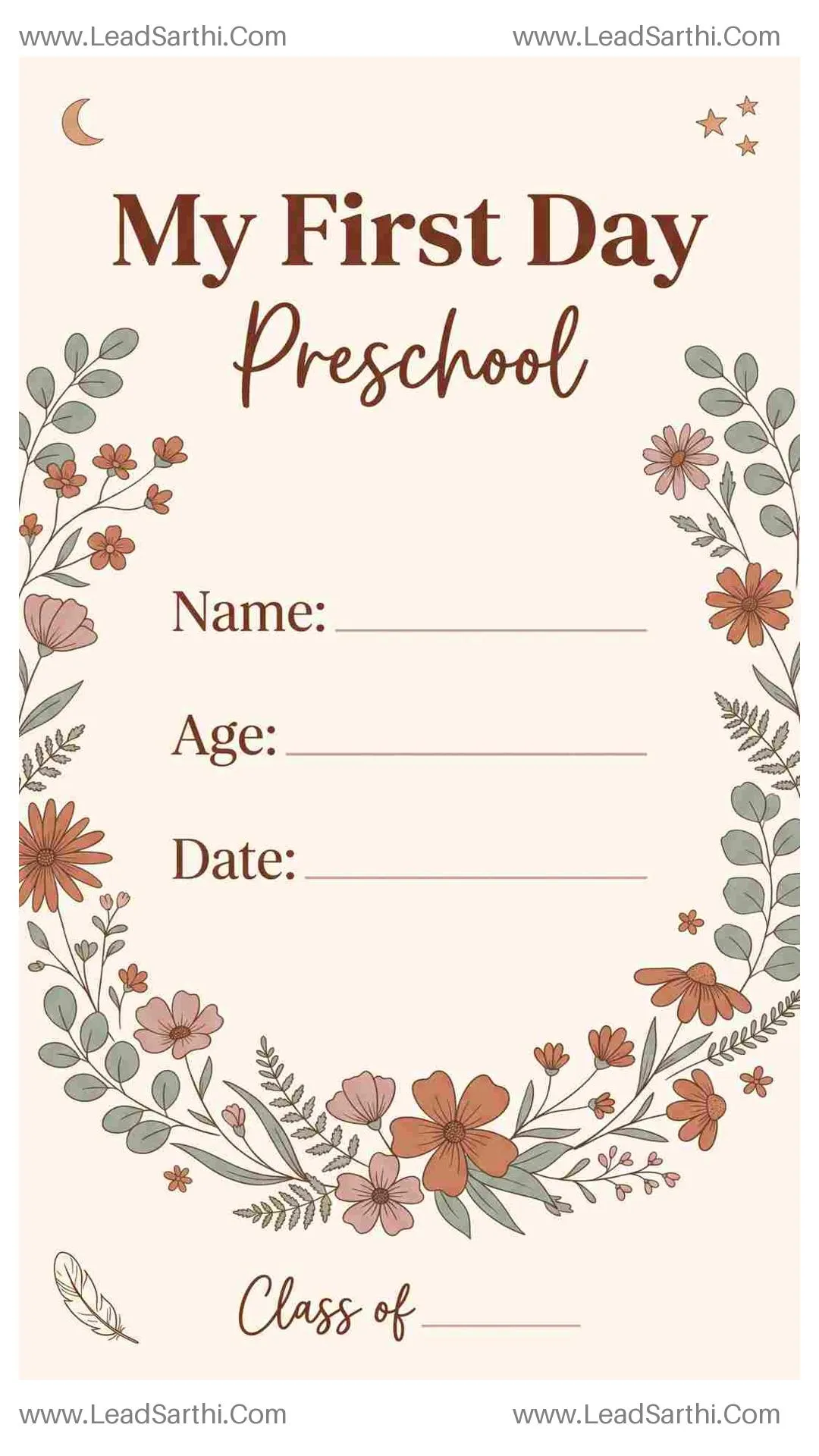 Boho Floral First Day of Preschool Sign Printable | Wildflower Fill-in Template Thumbnail