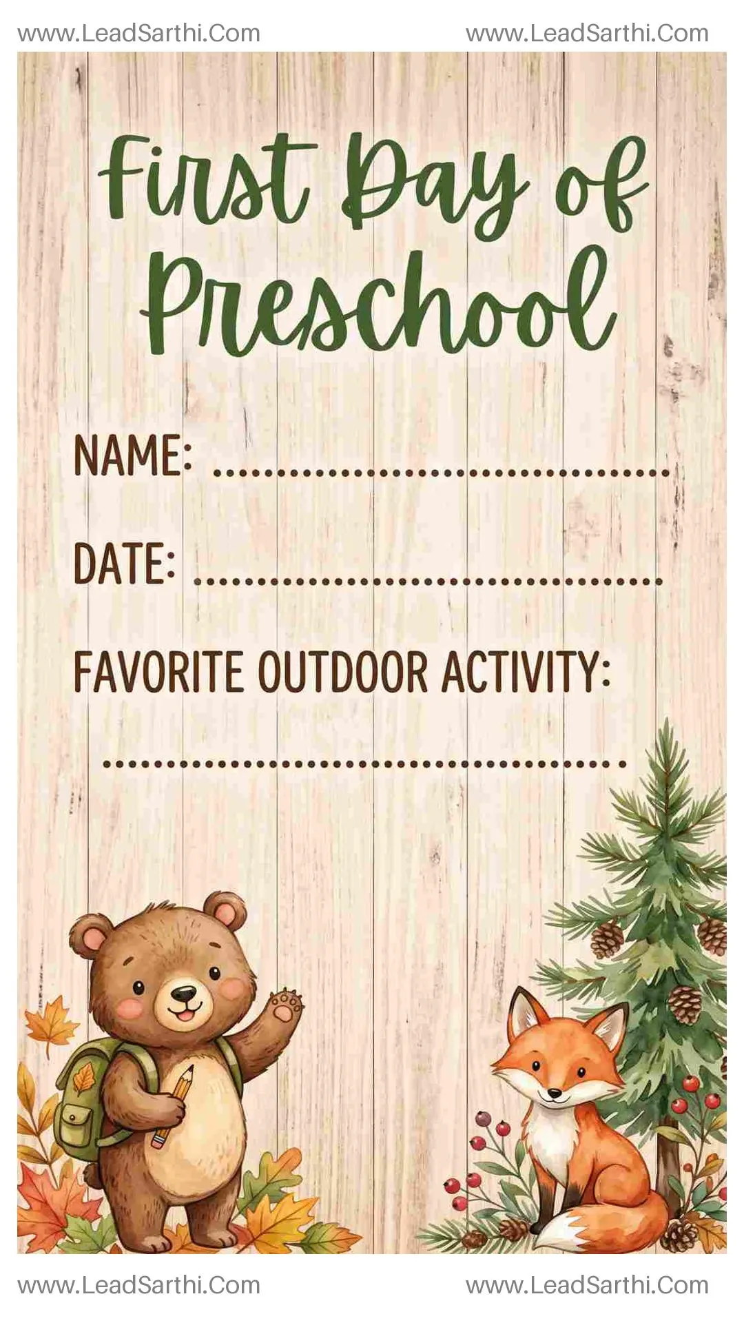 Woodland Animals First Day of Preschool Sign Printable Thumbnail