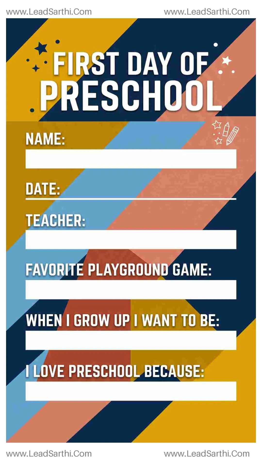Geometric Color Block First Day of Preschool Sign Printable Thumbnail