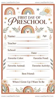 Printable First Day of Preschool Sign – Boho Rainbow Theme Design Template