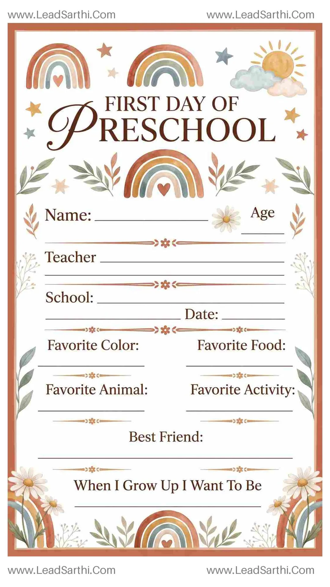 Printable First Day of Preschool Sign – Boho Rainbow Theme Thumbnail