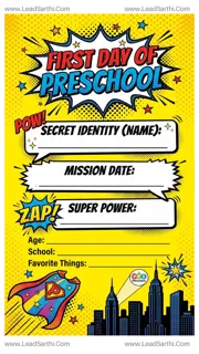Superhero Comic First Day of Preschool Sign Printable Design Template