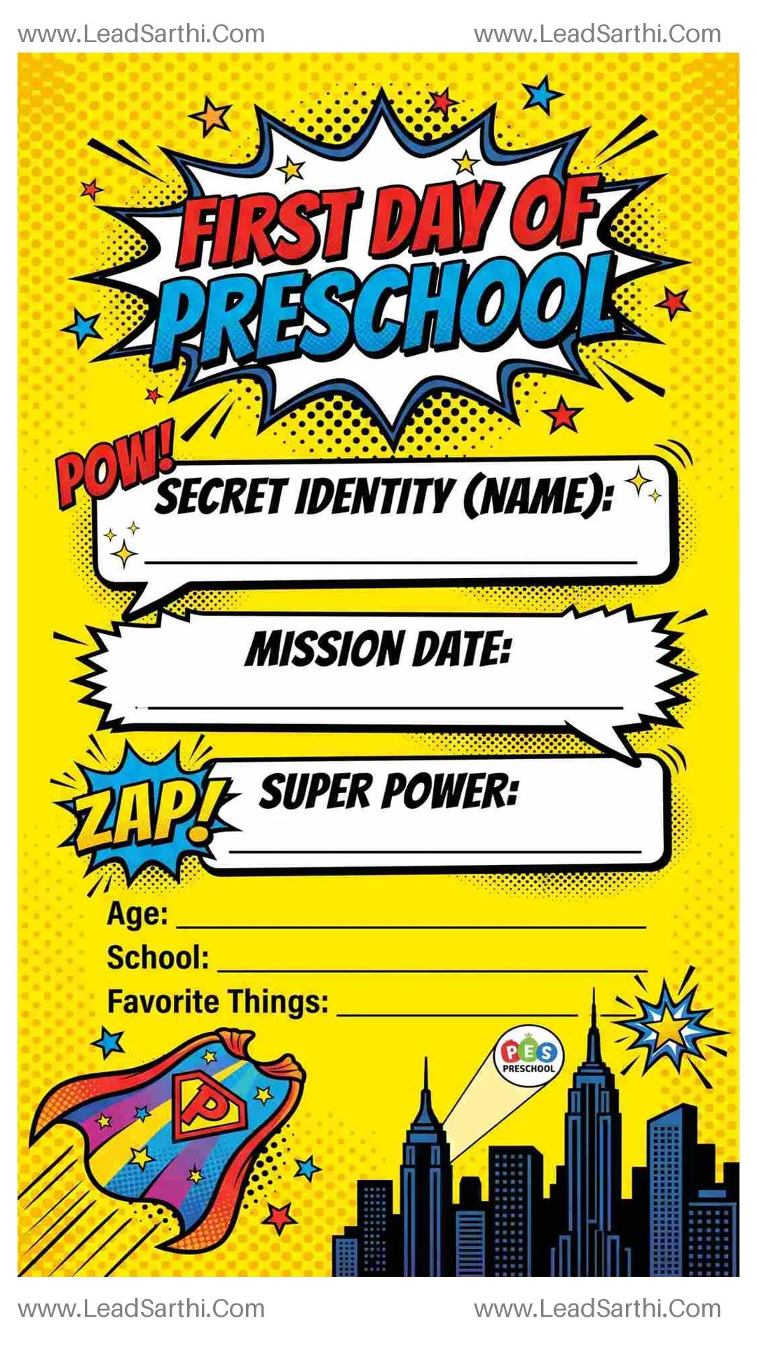 Superhero Comic First Day of Preschool Sign Printable Thumbnail
