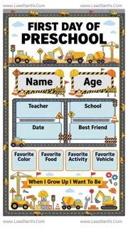 Printable First Day of Preschool Sign – Construction Vehicles Theme Design Template