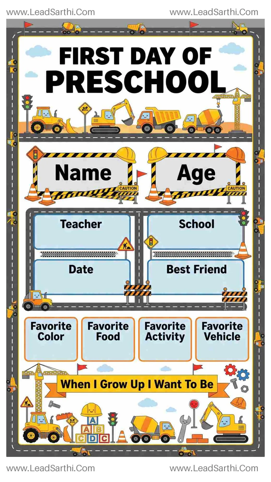 Printable First Day of Preschool Sign – Construction Vehicles Theme Thumbnail