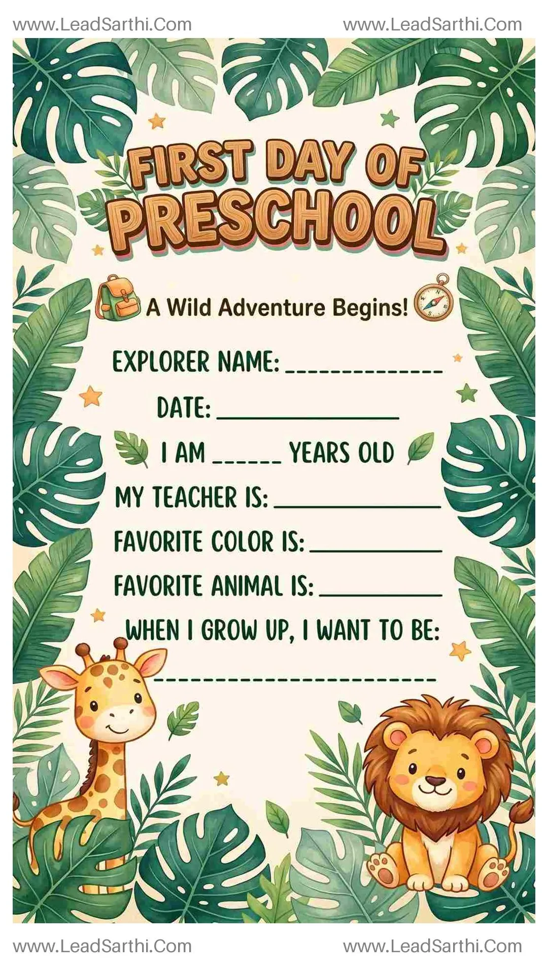 Jungle Safari First Day of Preschool Sign Printable Thumbnail