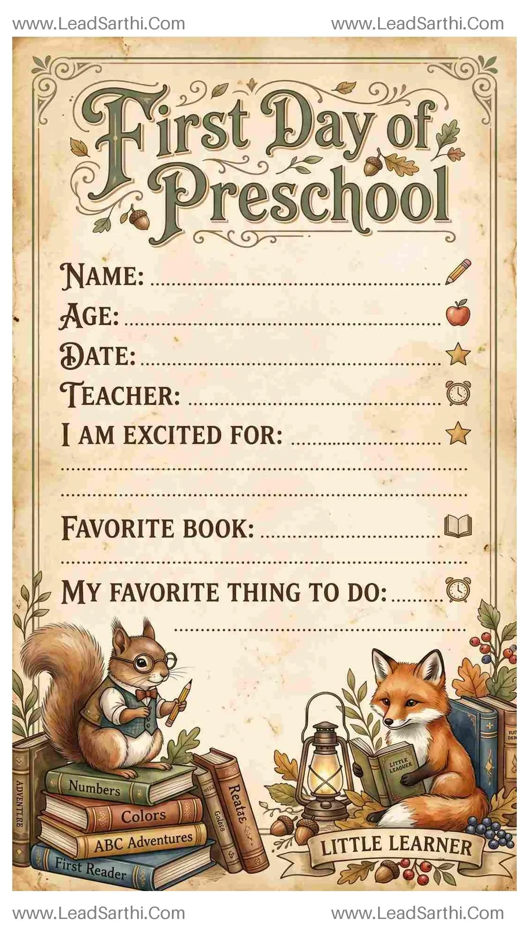 Vintage Storybook First Day of Preschool Sign Printable Thumbnail