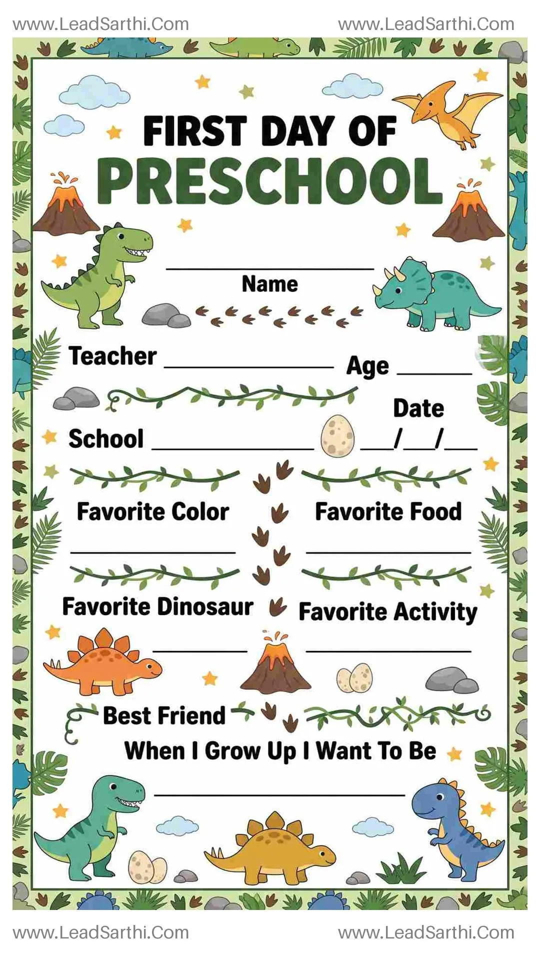 Printable First Day of Preschool Sign – Dinosaur Theme Thumbnail