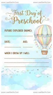 Watercolor Hot Air Balloon First Day of Preschool Sign Printable Design Template