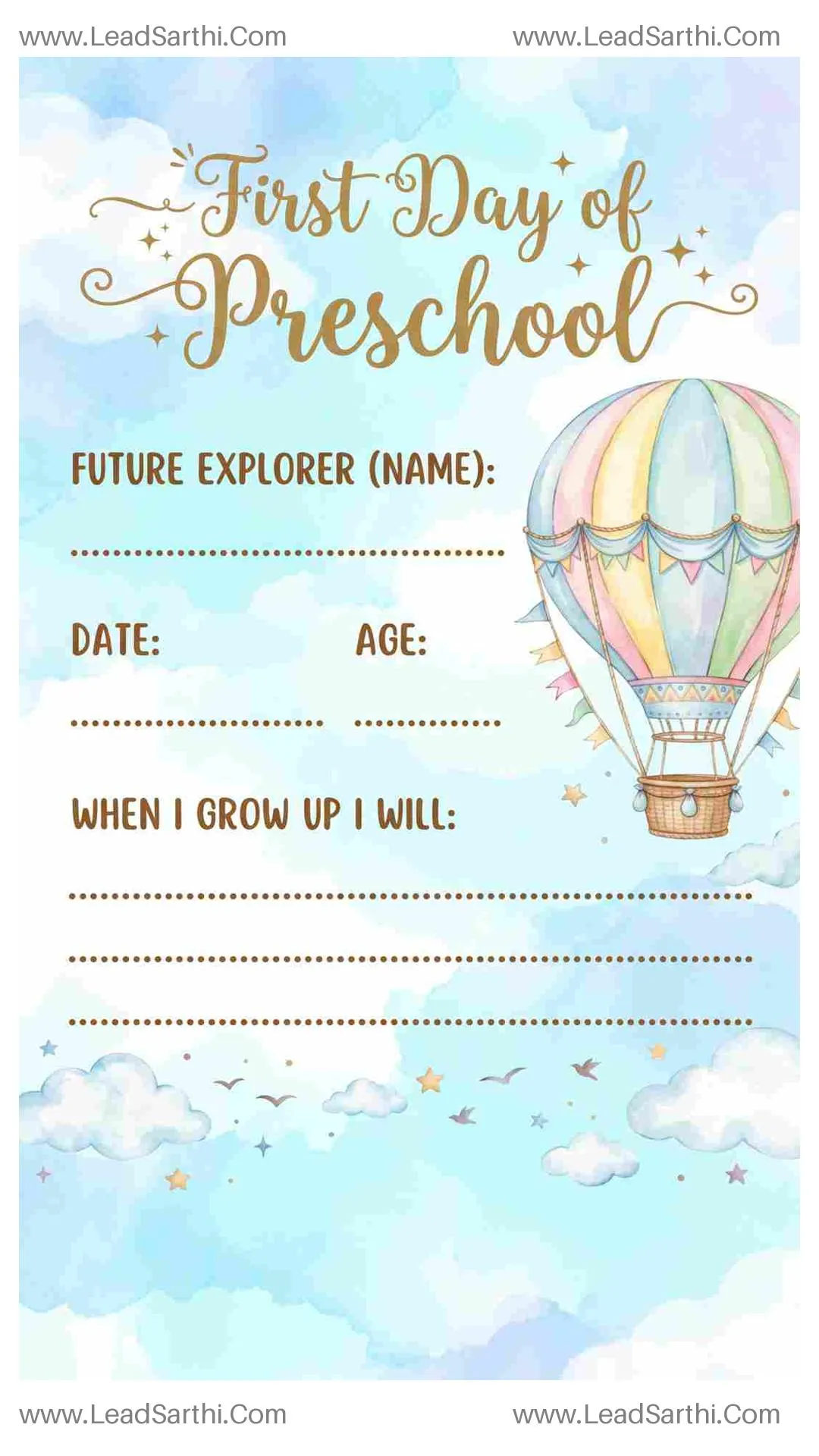 Watercolor Hot Air Balloon First Day of Preschool Sign Printable Thumbnail
