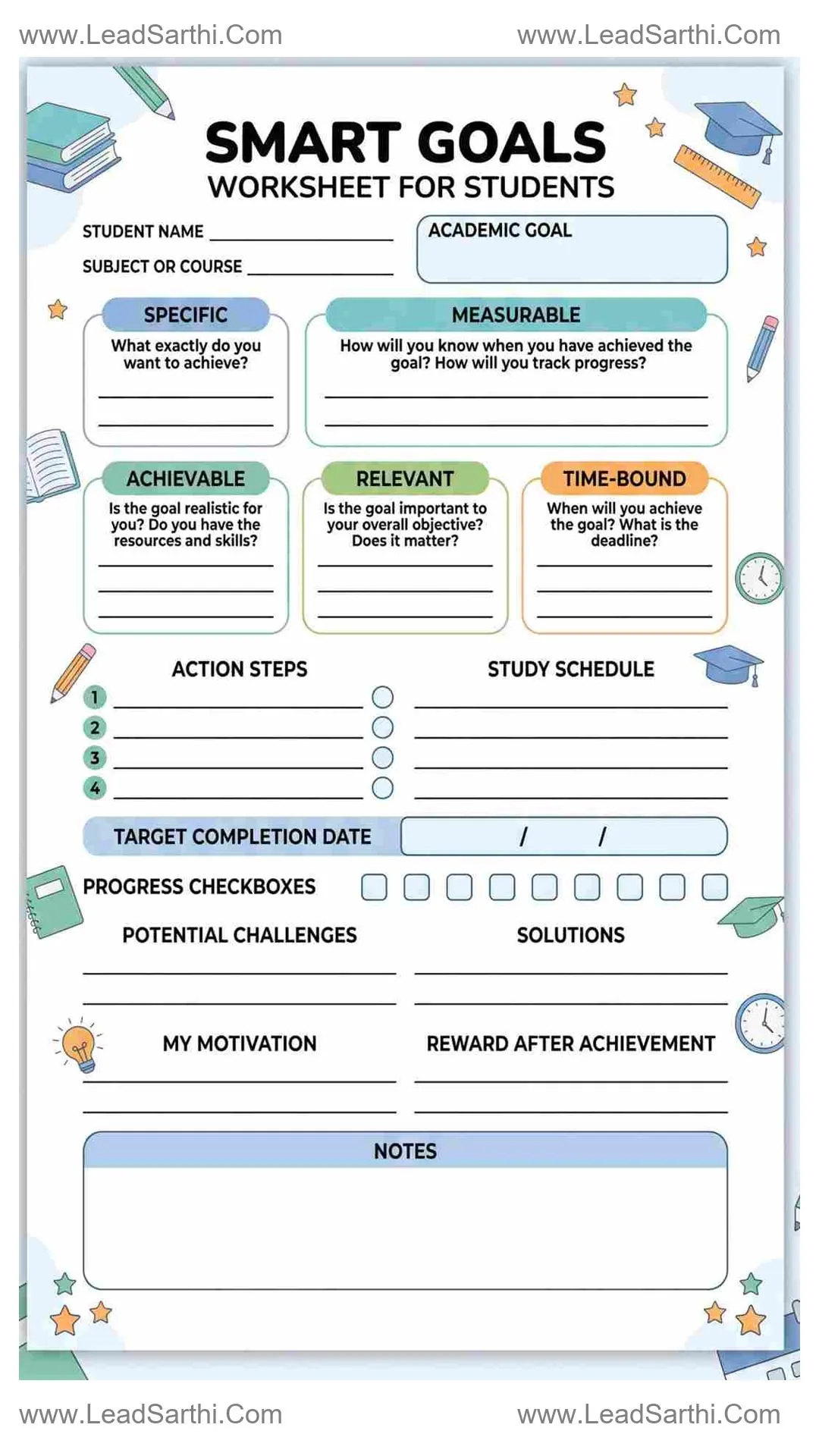 SMART Goals Worksheet for Students | Printable PDF to Plan Academic & Study Success Thumbnail