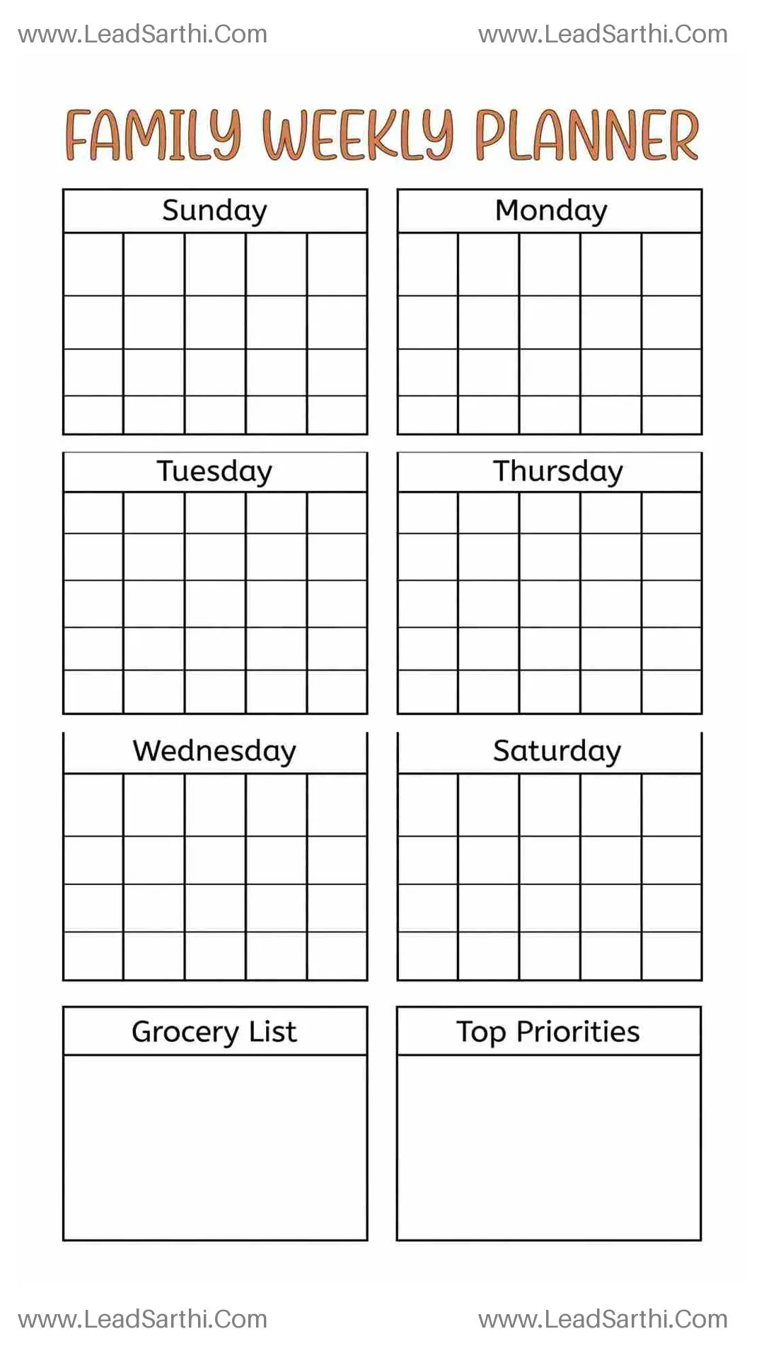 Printable Family Weekly Schedule PDF (Sunday Start) Thumbnail