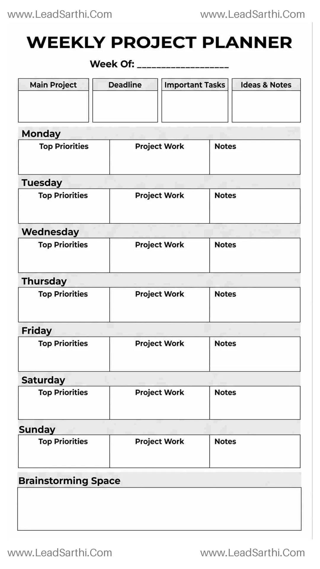 Printable Weekly Calendar PDF for Projects, Tasks and Creative Planning Thumbnail