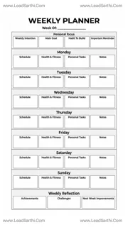 Printable Weekly Calendar PDF for Personal Planning, Goals and Daily Balance Design Template