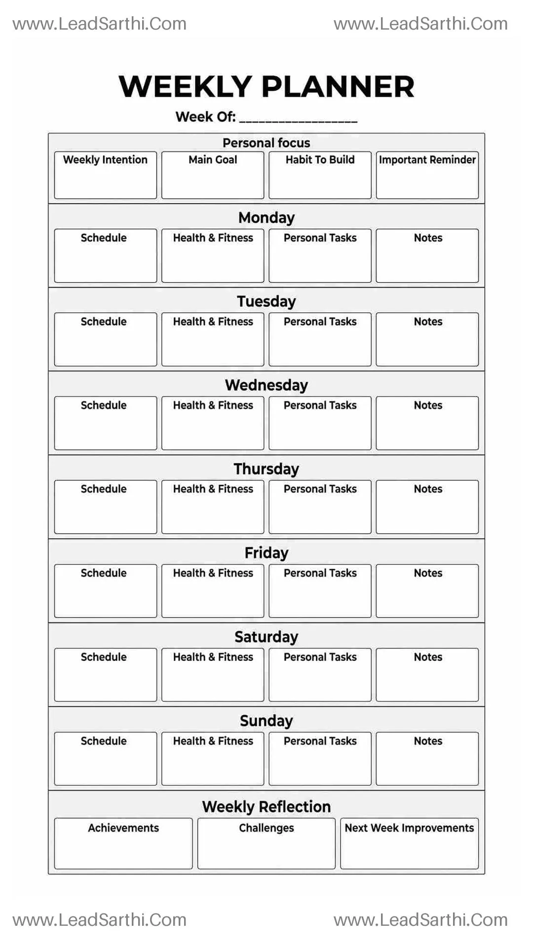 Printable Weekly Calendar PDF for Personal Planning, Goals and Daily Balance Thumbnail