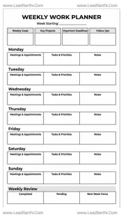 Printable Weekly Calendar PDF for Work Schedule, Tasks and Productivity Planning Design Template