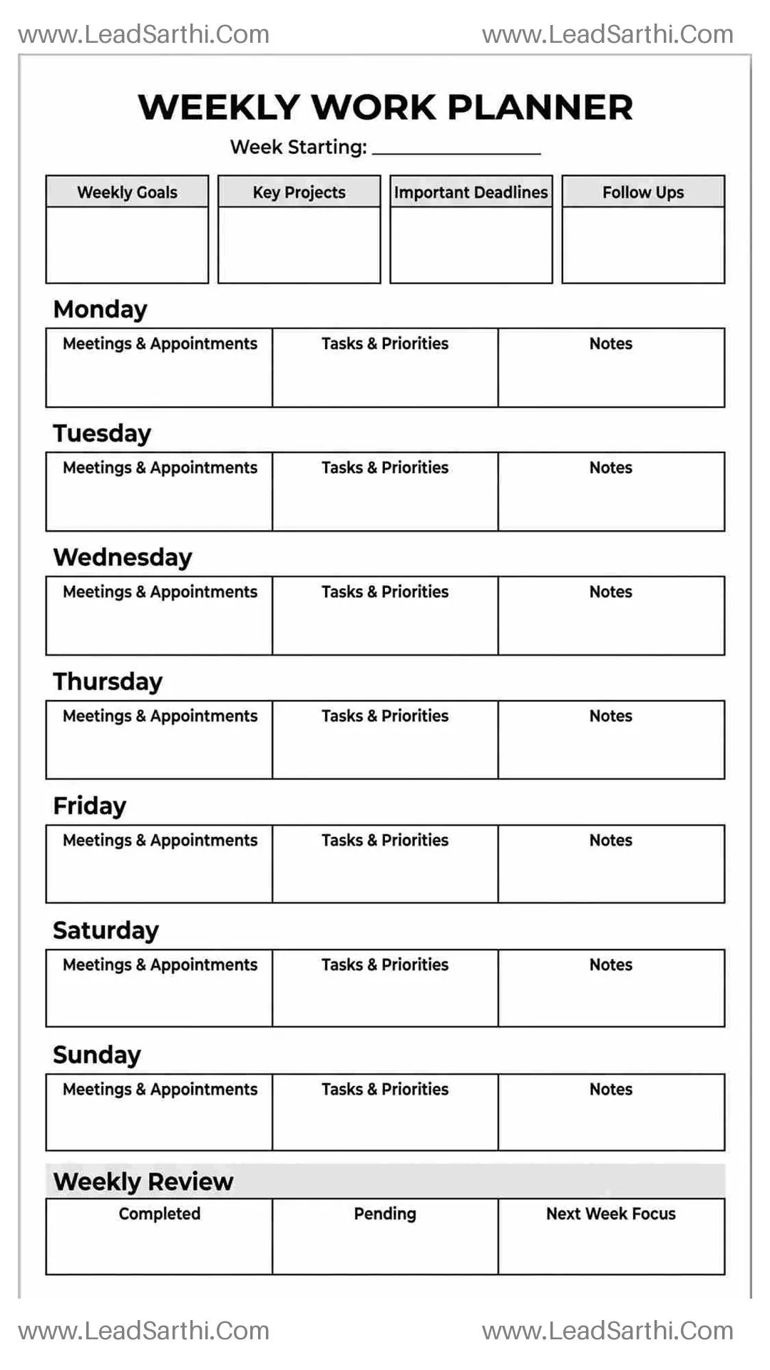 Printable Weekly Calendar PDF for Work Schedule, Tasks and Productivity Planning Thumbnail
