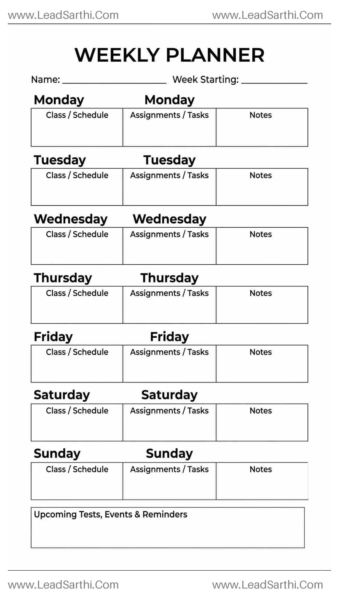 Printable Weekly Calendar PDF for Students, Teachers and Academic Planning Thumbnail