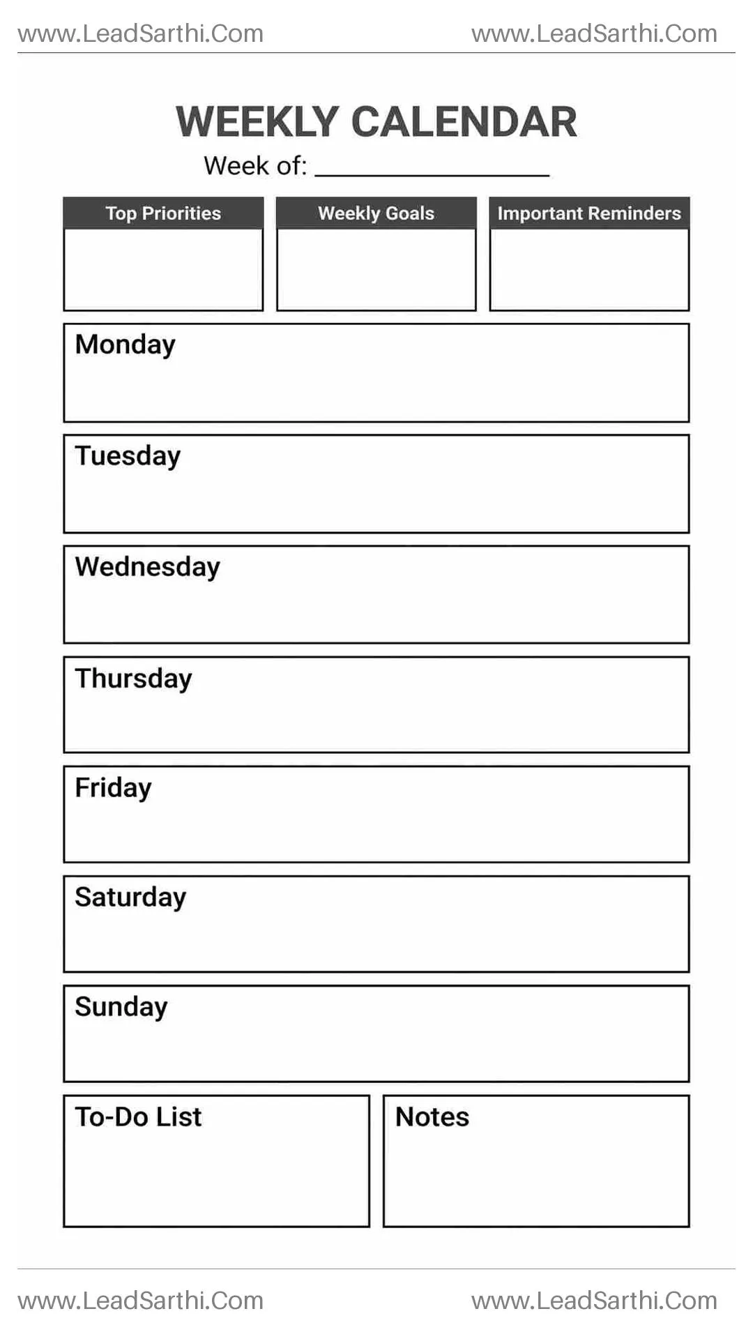 Printable Weekly Calendar PDF with Goals, Priorities and Notes Template Thumbnail
