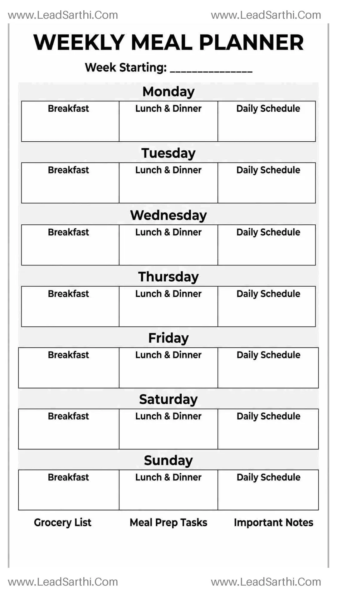 Printable Weekly Calendar PDF with Meal Planner and Grocery List Sections Thumbnail