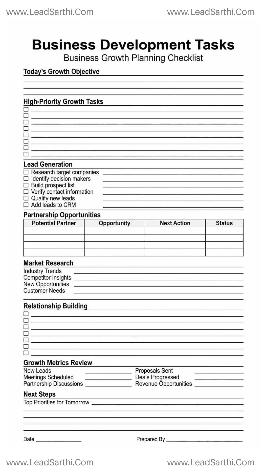Business Development Tasks Printable PDF | Business Growth Checklist Thumbnail
