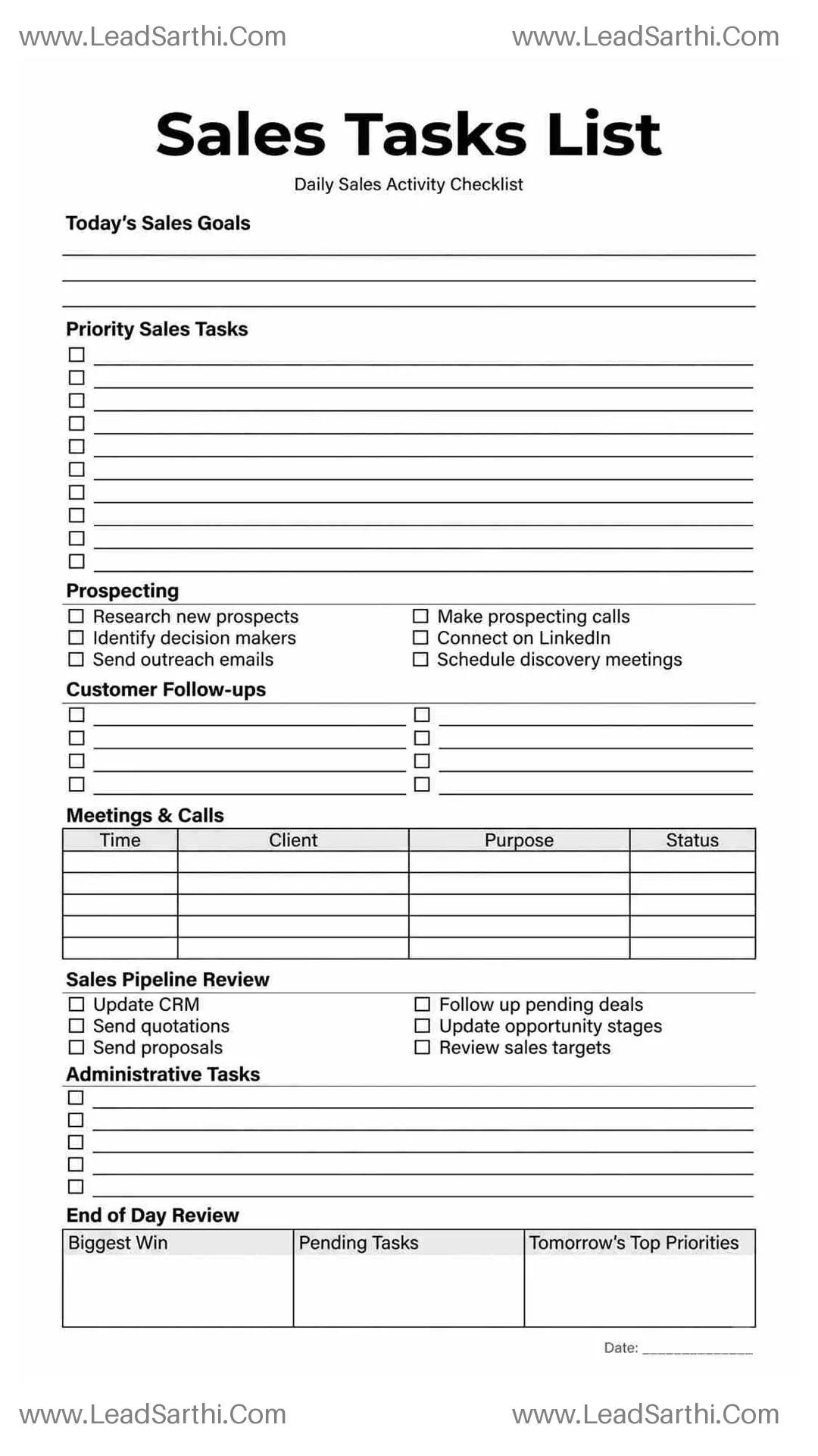 Sales Tasks List Printable PDF | Daily Sales Activity Checklist Thumbnail