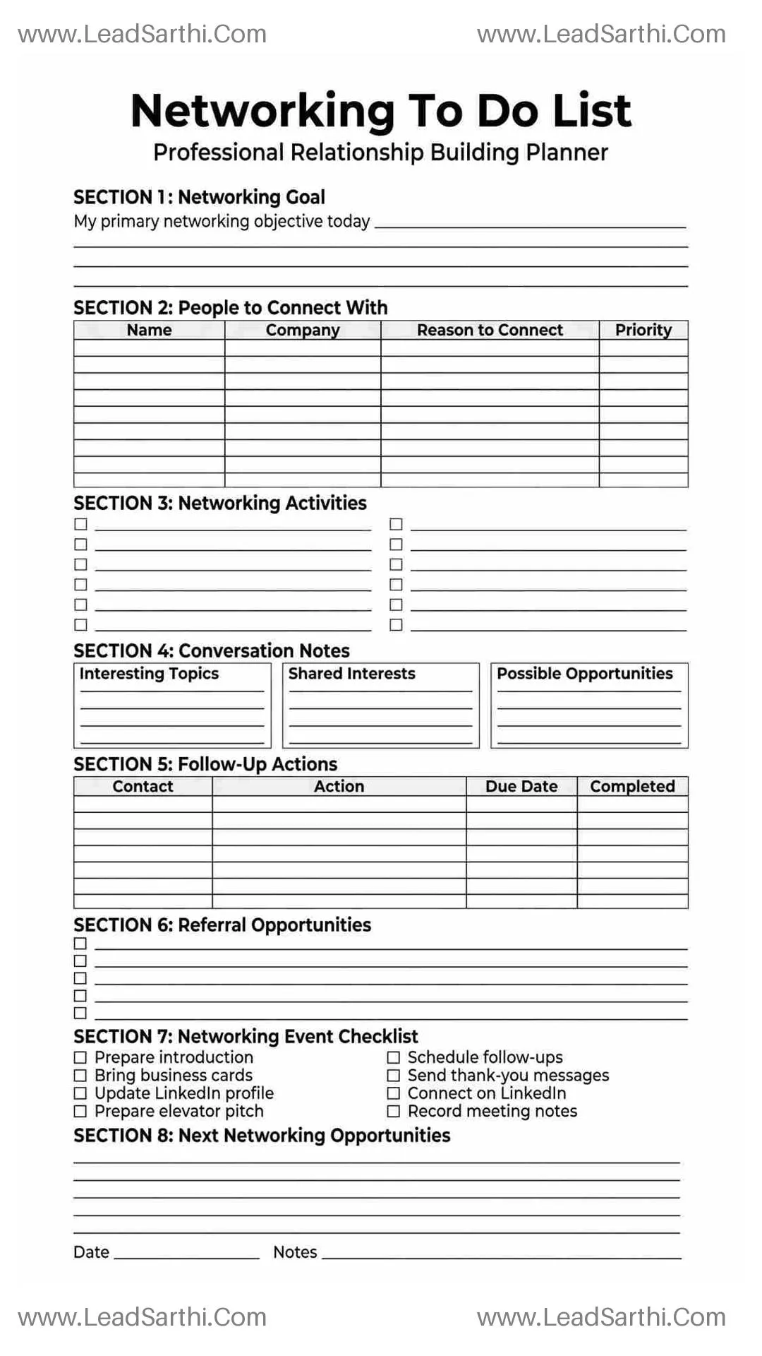 Networking To Do List Printable PDF | Professional Networking Checklist Thumbnail