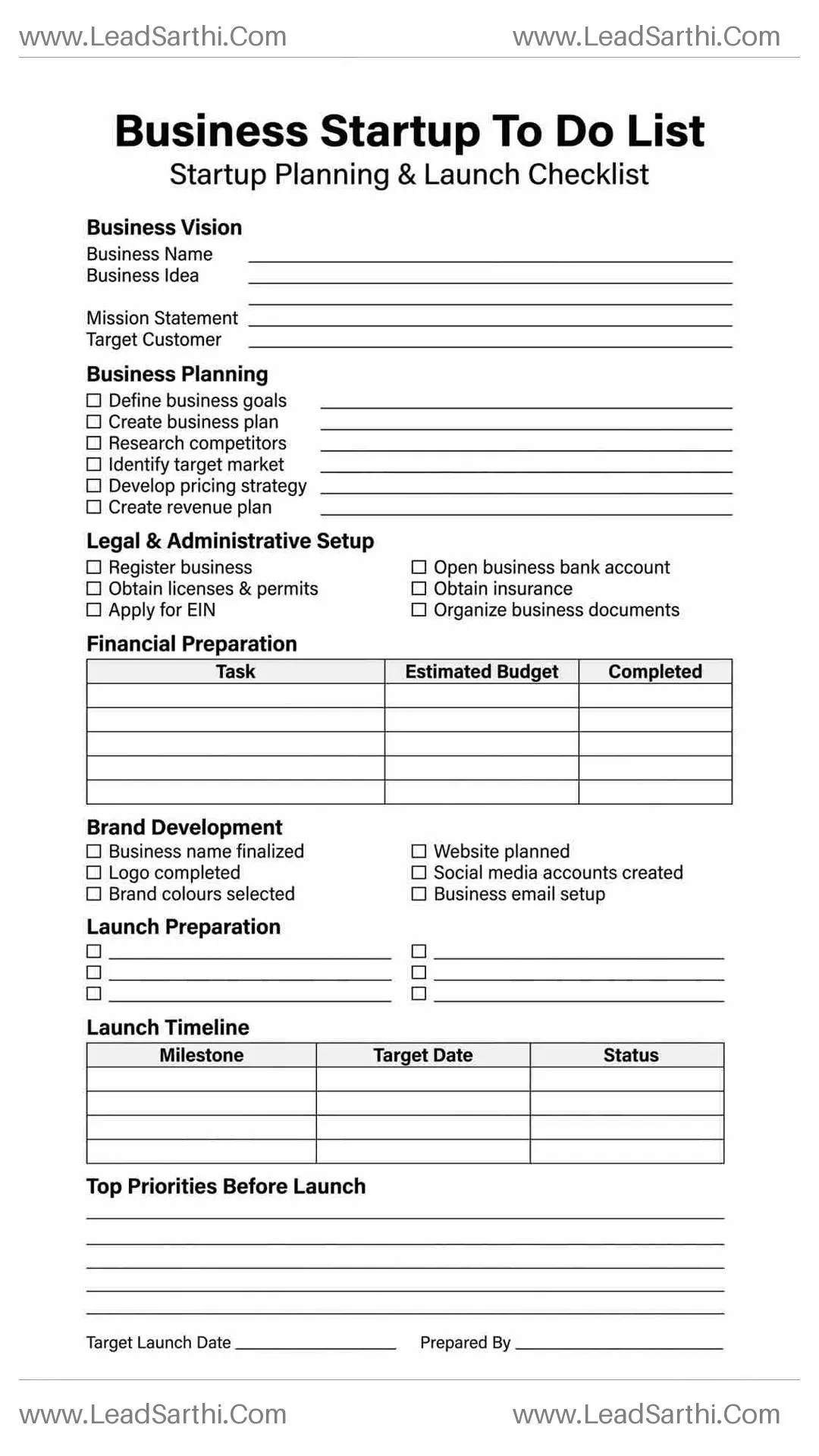 Business Startup To Do List Printable PDF | Startup Planning Checklist Thumbnail