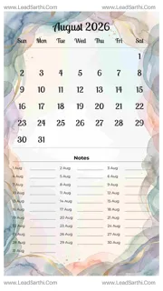 August 2026 Calendar Template 11 Watercolor Theme 54 Design Template
