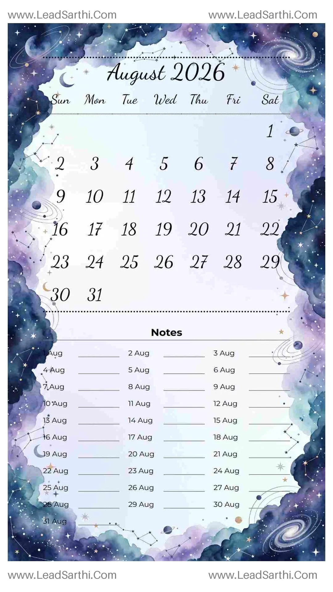 Printable August 2026 Calendar Template 10 Galaxy Theme 17 Thumbnail
