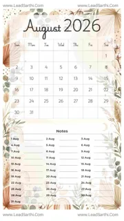August 2026 Calendar Template 18 Botonical Theme 136 Design Template