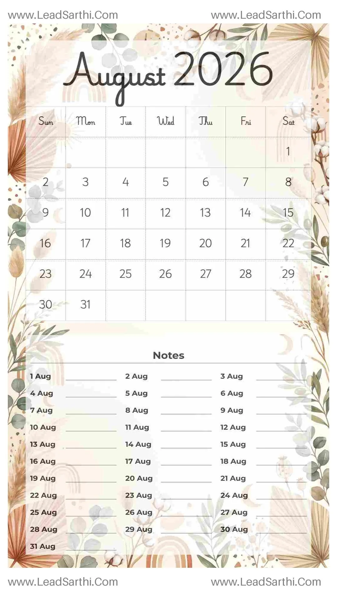 Printable August 2026 Calendar Template 18 Botonical Theme 136 Thumbnail
