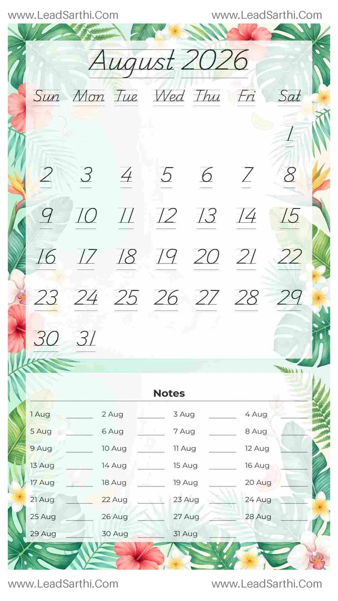 Printable August 2026 Calendar Template 3 Summer Theme 35 Thumbnail