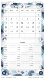 August 2026 Calendar Template 8 Geometric Theme 184 Design Template