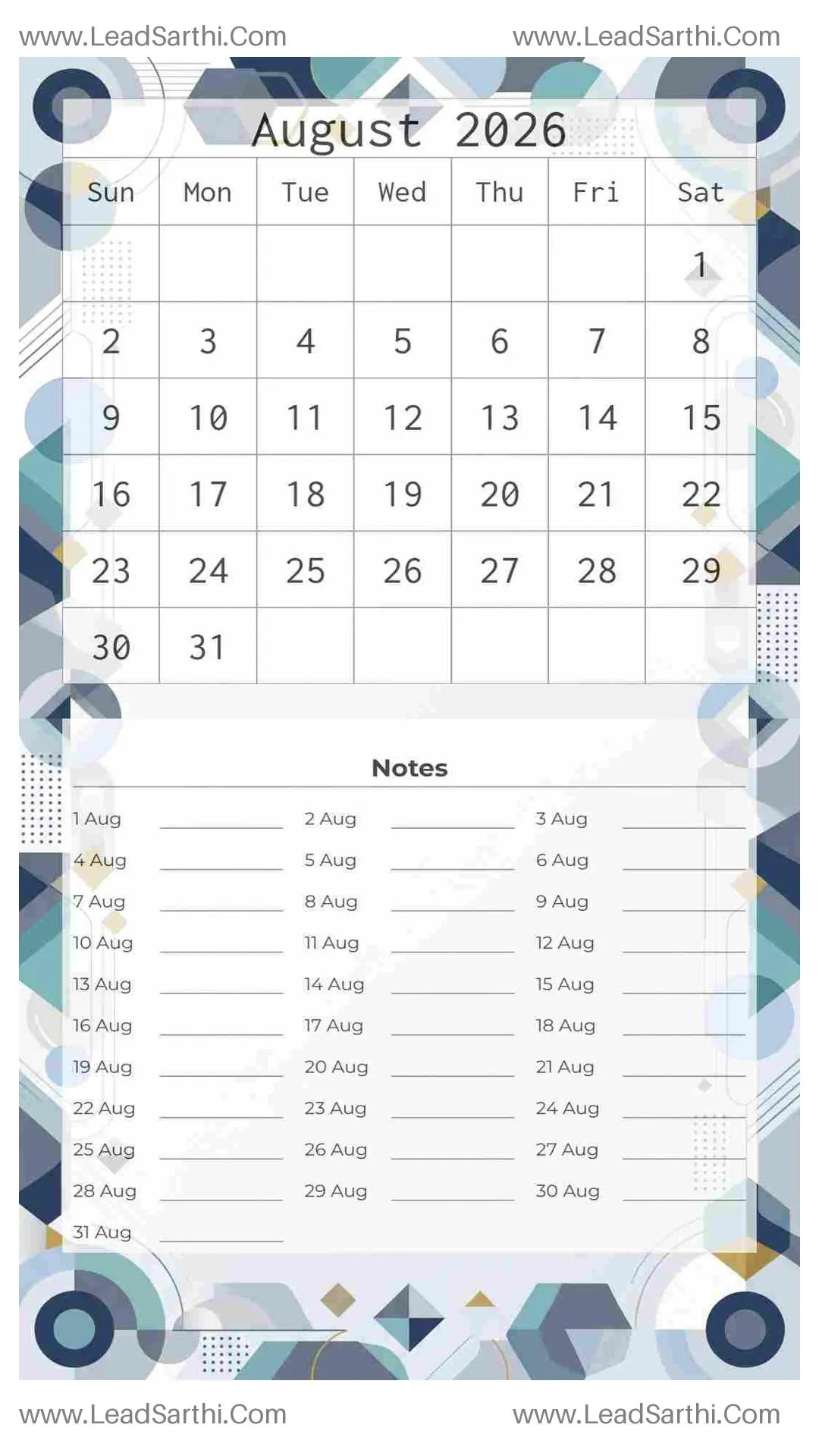 Printable August 2026 Calendar Template 8 Geometric Theme 184 Thumbnail