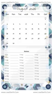 August 2026 Calendar Template 23 Geometric Theme 227 Design Template