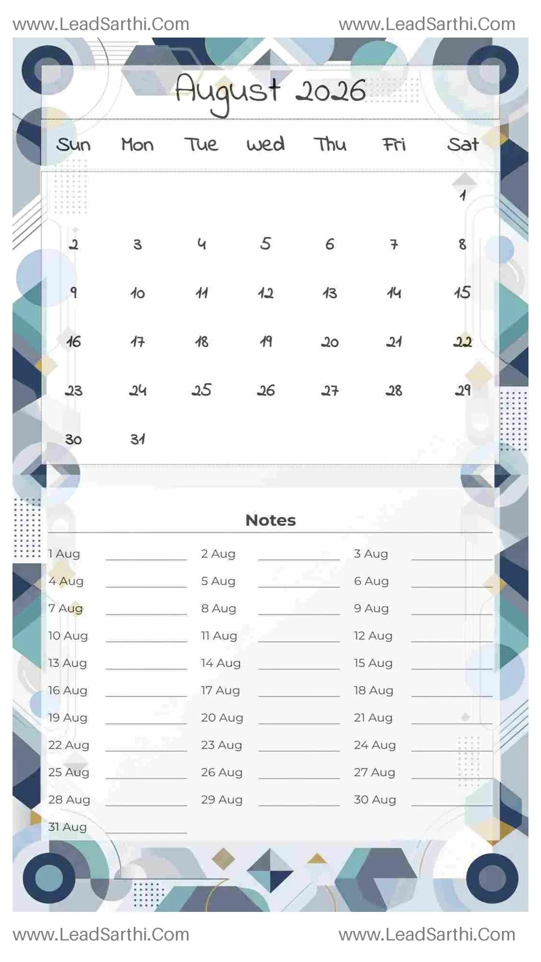 Printable August 2026 Calendar Template 23 Geometric Theme 227 Thumbnail