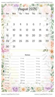 August 2026 Calendar Template 11 Floral Theme 176 Design Template