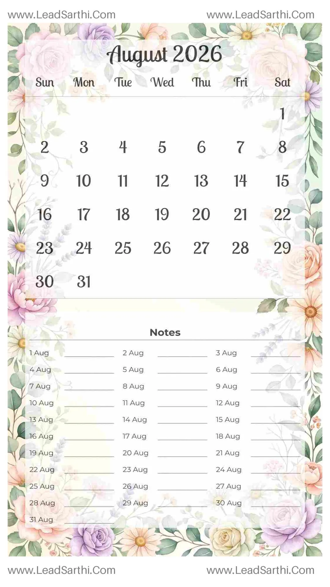 Printable August 2026 Calendar Template 11 Floral Theme 176 Thumbnail