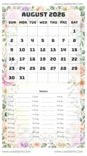 August 2026 Calendar Template 17 Floral Theme 140 Design Template