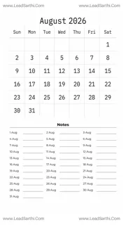 August 2026 Calendar Template 12 White BG 188 Design Template