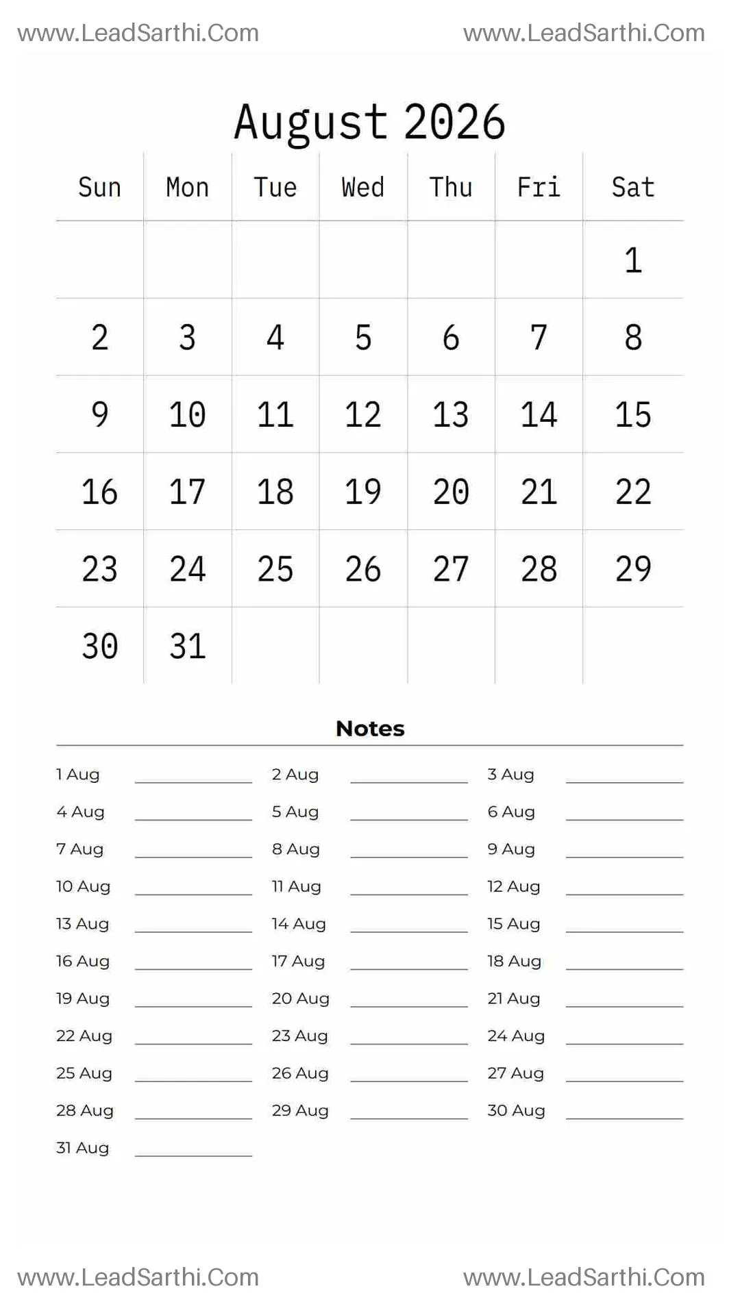 Printable August 2026 Calendar Template 12 White BG 188 Thumbnail