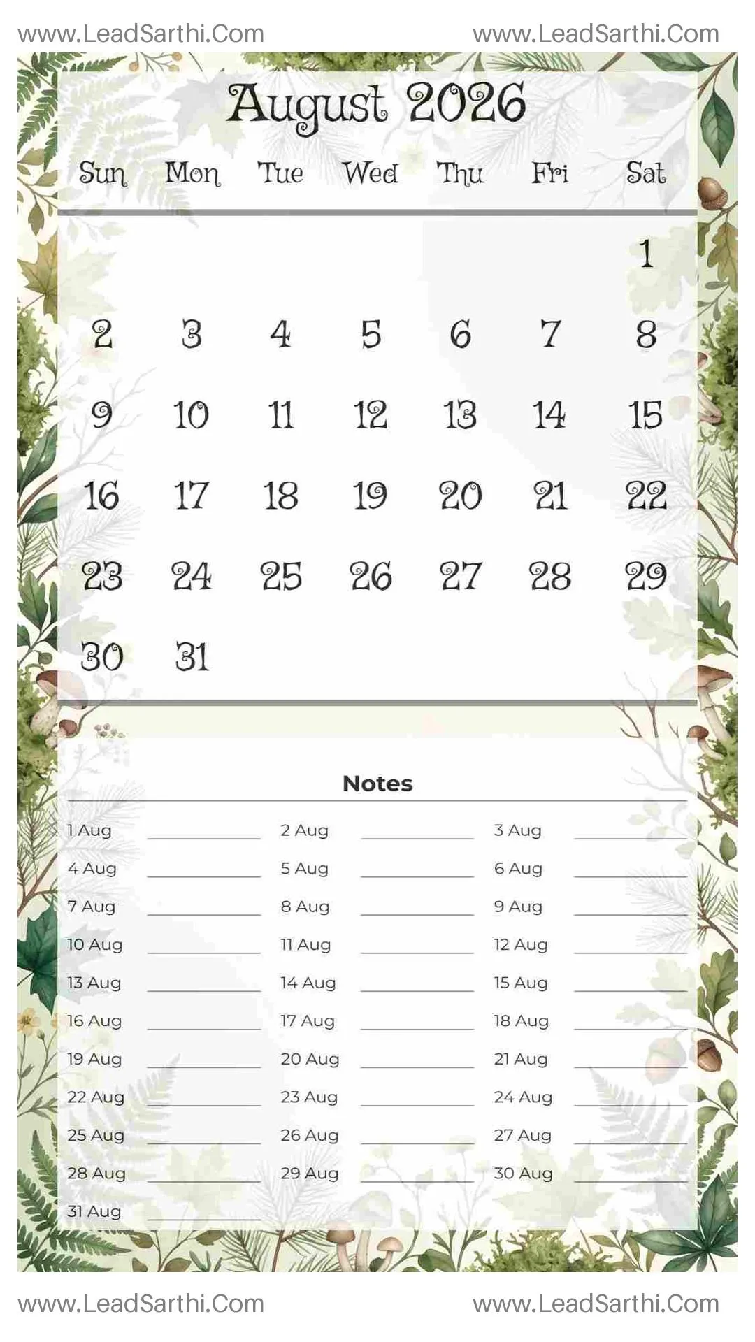 Printable August 2026 Calendar Template 2 Forest Theme 16 Thumbnail